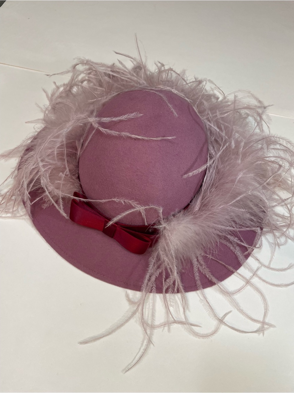 Vintage Rose Pink Boa Feather-Trim Wool Hat Ribbon Bow - Statement Church Derby